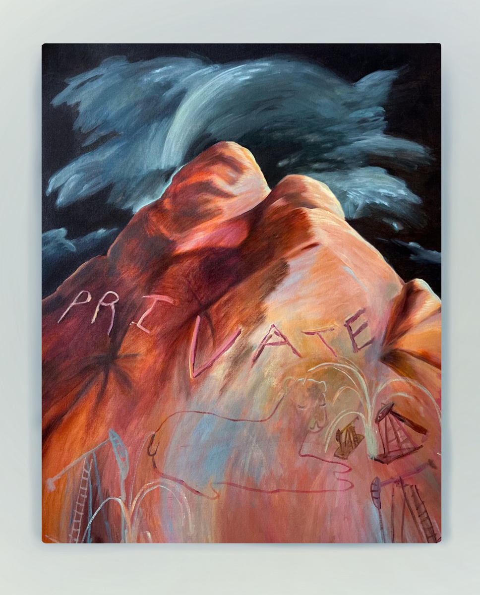 Grace Kennison painting of a fleshy mountain that reads "Private."