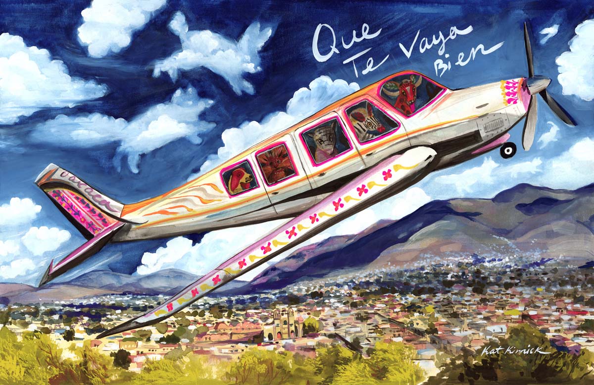 Painting of an airplane with the words Que Te Vaya Bien.