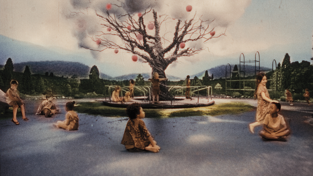 Still from the Godfrey Reggio film Once Within a Time, showing children on a surreal playground. The Santa Fe-based experimental filmmaker will participate in the SITE Santa Fe International, also titled Once Within a Time.