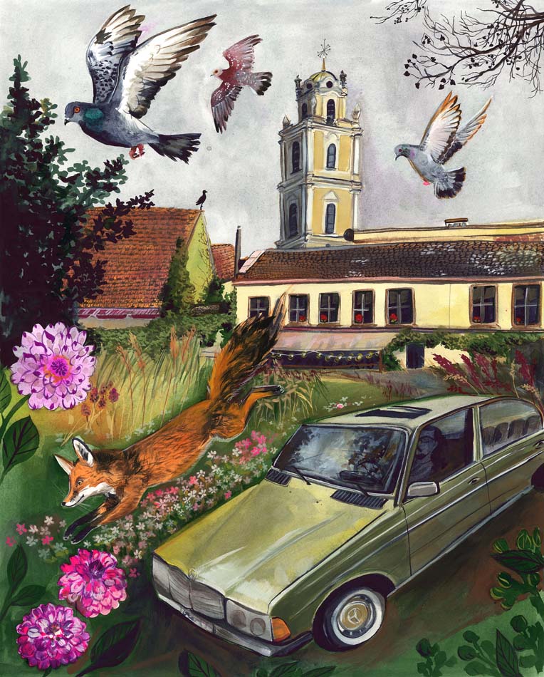 Painting of a building with tower, a green sedan and a fox and birds.