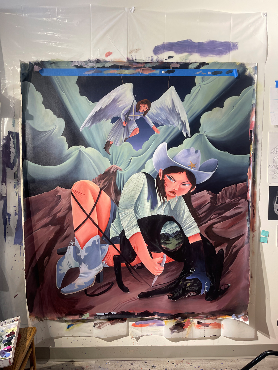 Painting by Grace Kennison showing a cowgirl, a dog, and an angel.