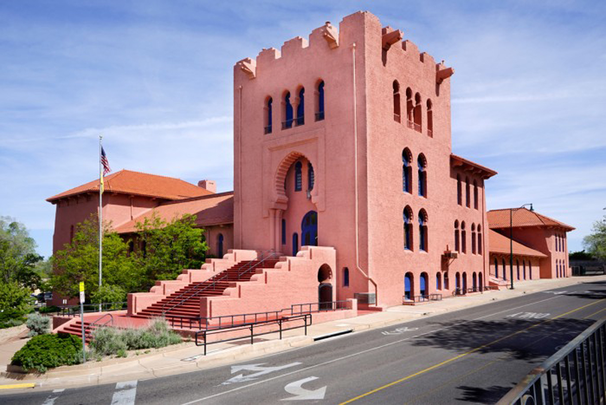 The exterior of the Scottish Rite Masonic Temple in Santa Fe, NM, a remarkable locale to visit in the American Southwest.