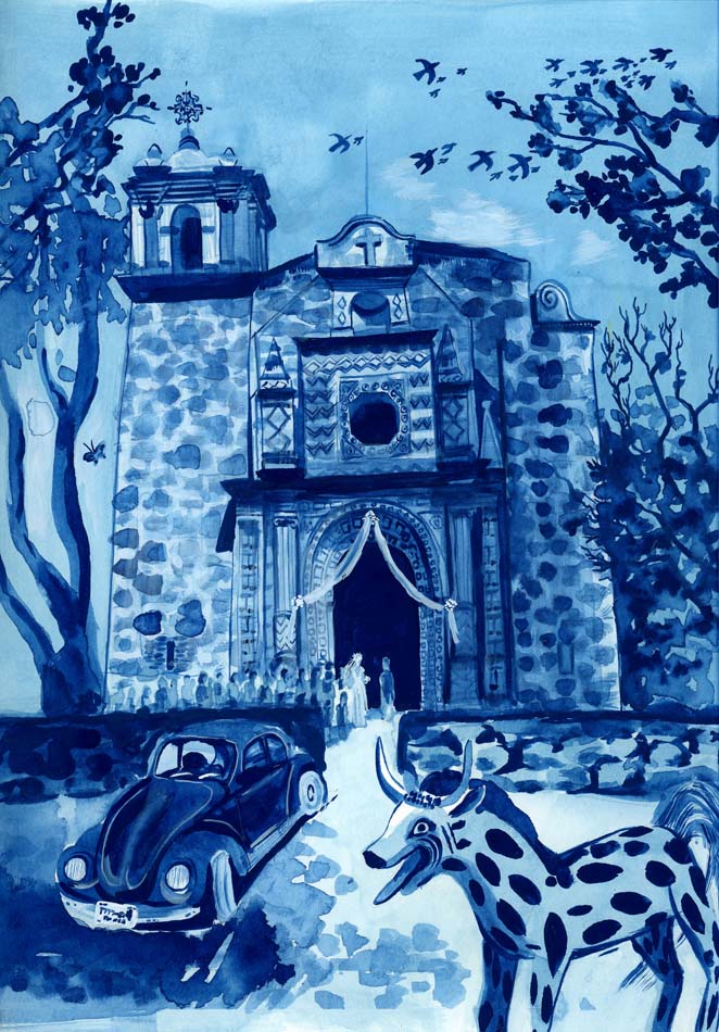 Painting in blue of an old stone church.