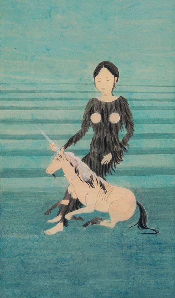 Wild Woman by Lu Wei, a bare-breasted woman draped in fur like a wild horse’s mane is intertwined with the unicorn who leans into her body
