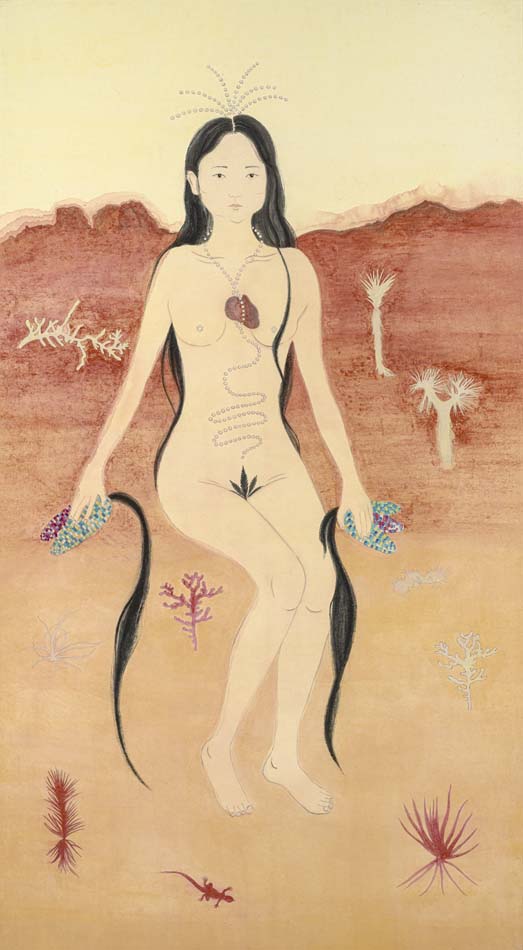 Depiction of Mesoamerican Corn Mother feeding the world in an ink painting