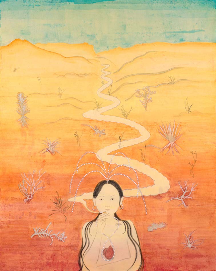 Ink painting Desert Goddess depicts a woman with a cigarette between her lips, exhaling smoke that spirals behind her into a desert landscape