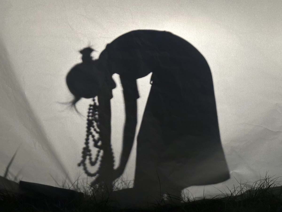 Shadow silhouette of a woman wearing pearls bending over