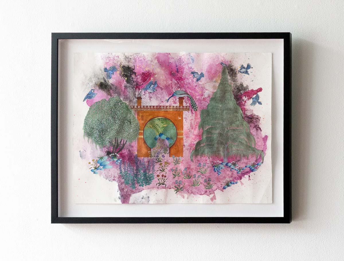 Watercolor painting depicting trees and a moon gate in the Denver Botanical Gardens