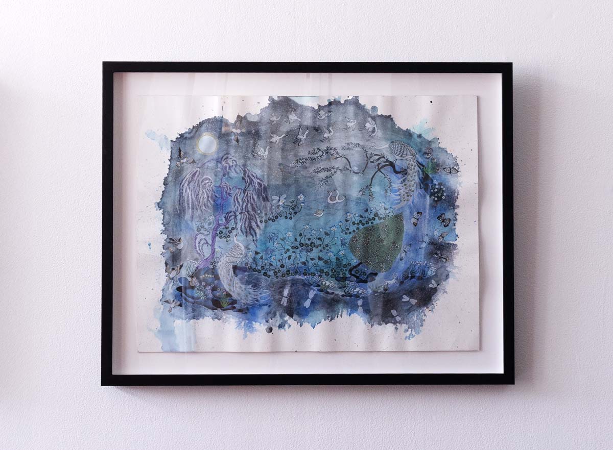 Predominately blue watercolor painting of a garden at night.