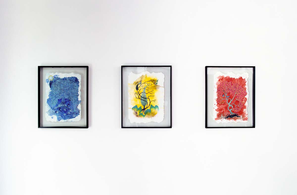 Installation view of Aisha Imdad's Wish Tree paintings