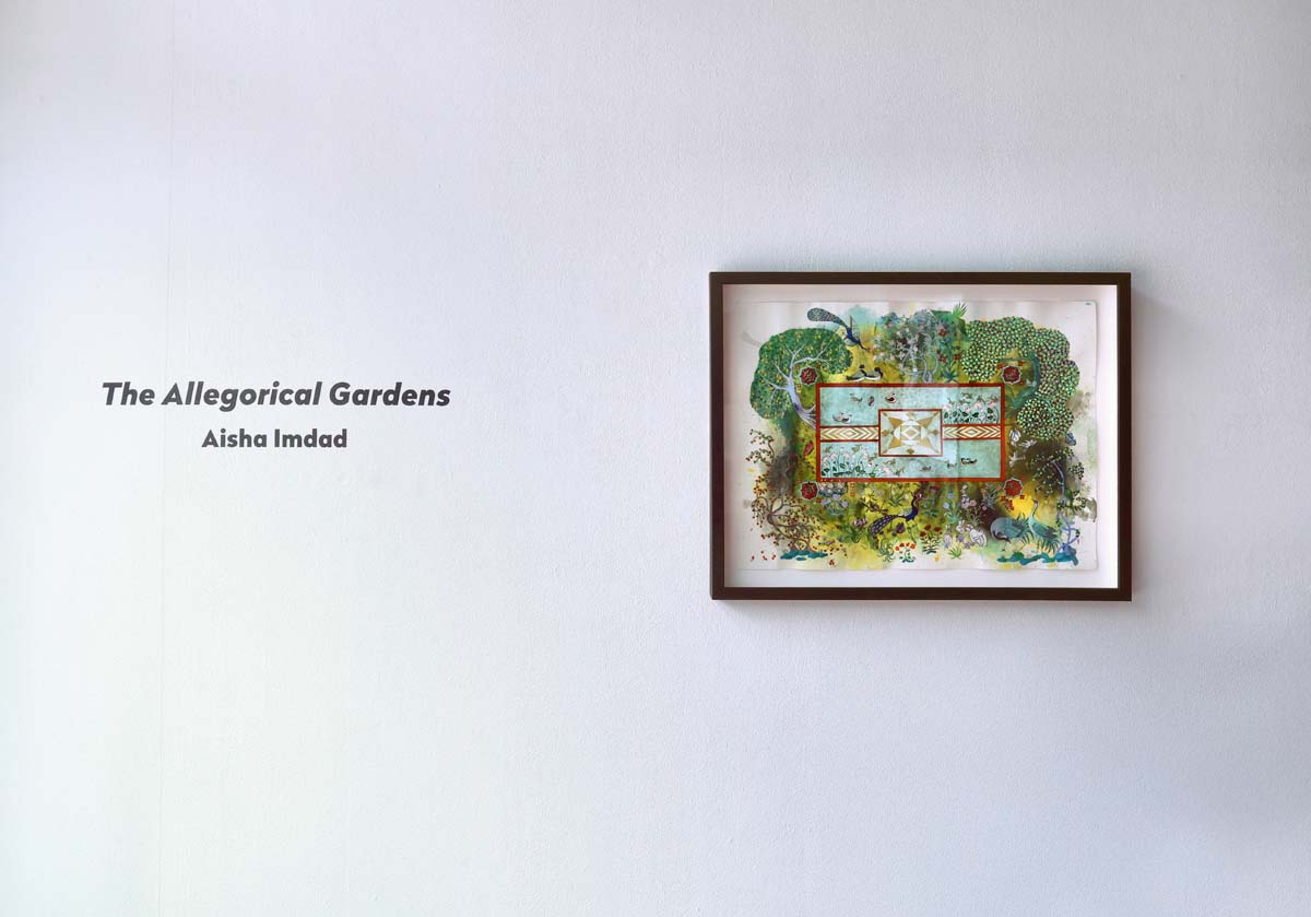 Installation view with title text of Aisha Imdad, the Allegorical Gardens