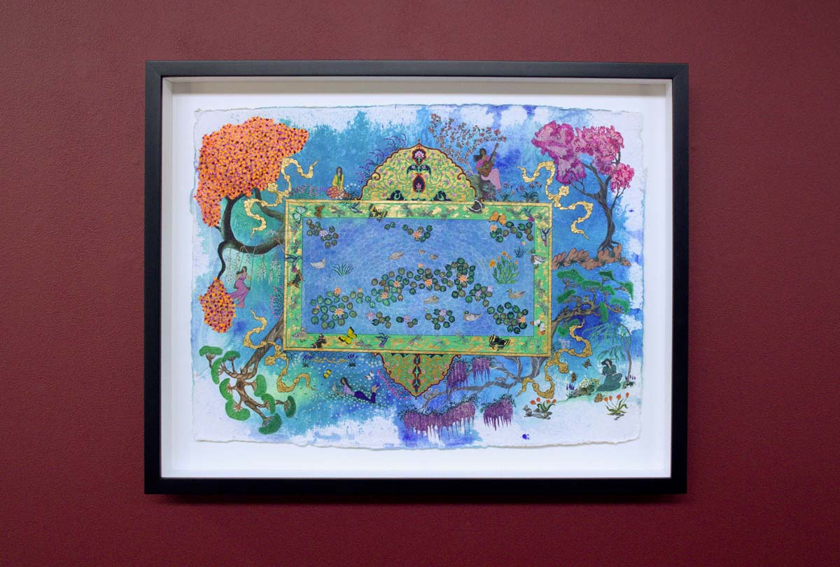 Watercolor painting of a pond viewed from above