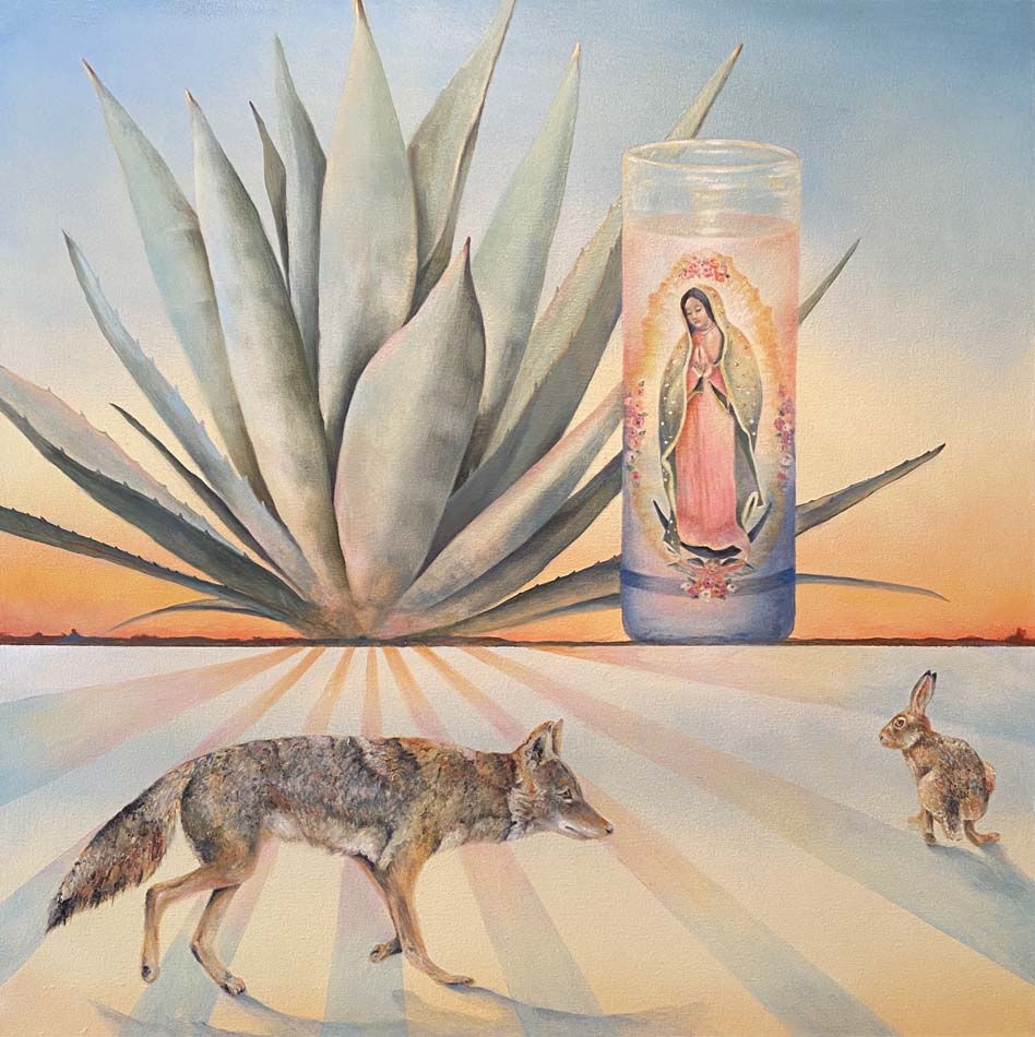 Painting by Doylene Land with a large agave dominating the horizon line, a coyote, jackrabbit, and a saint candle.