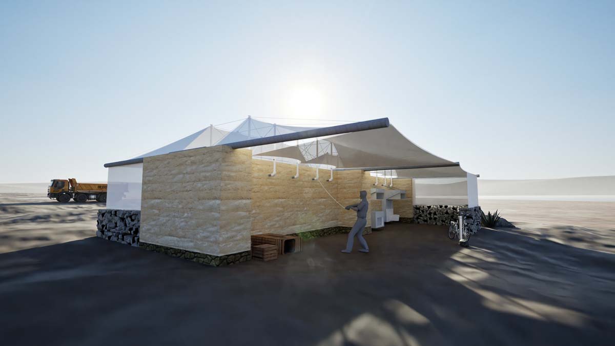 Digital rendering of a refugee housing design.