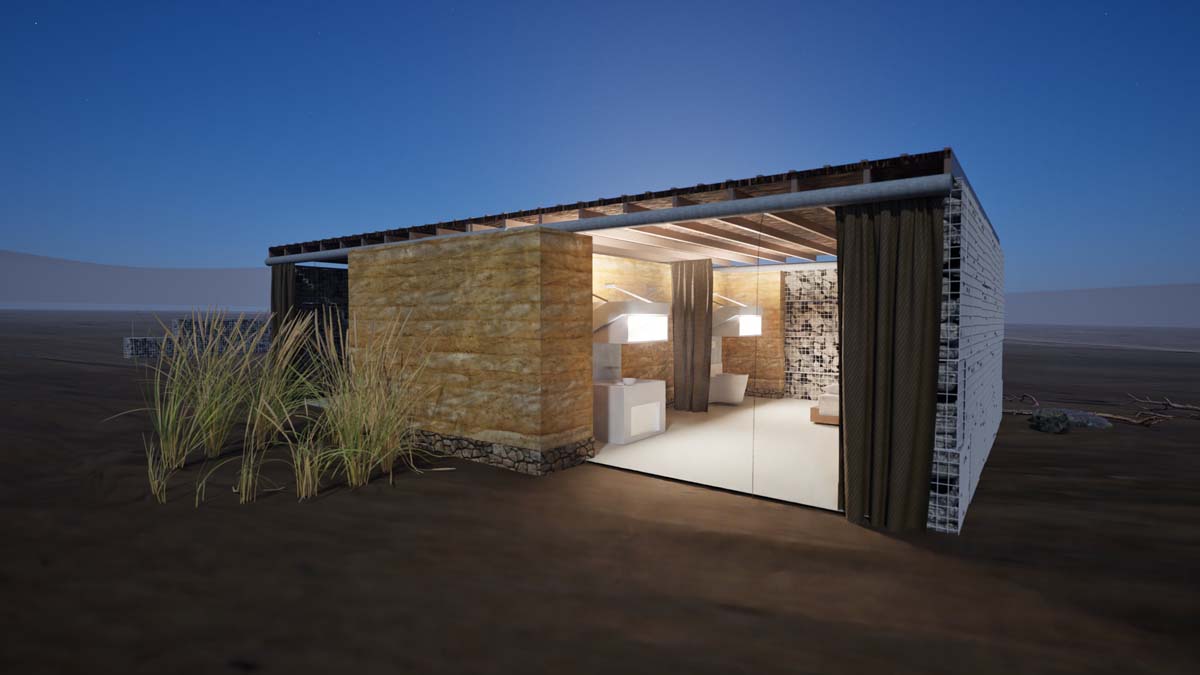 Rendering of a refugee housing design by Hyperlocal Workshop and HandOver Projects.
