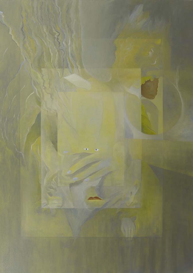 Painting by Leo Marz in light green and yellow, with interlocking rectangles like frames