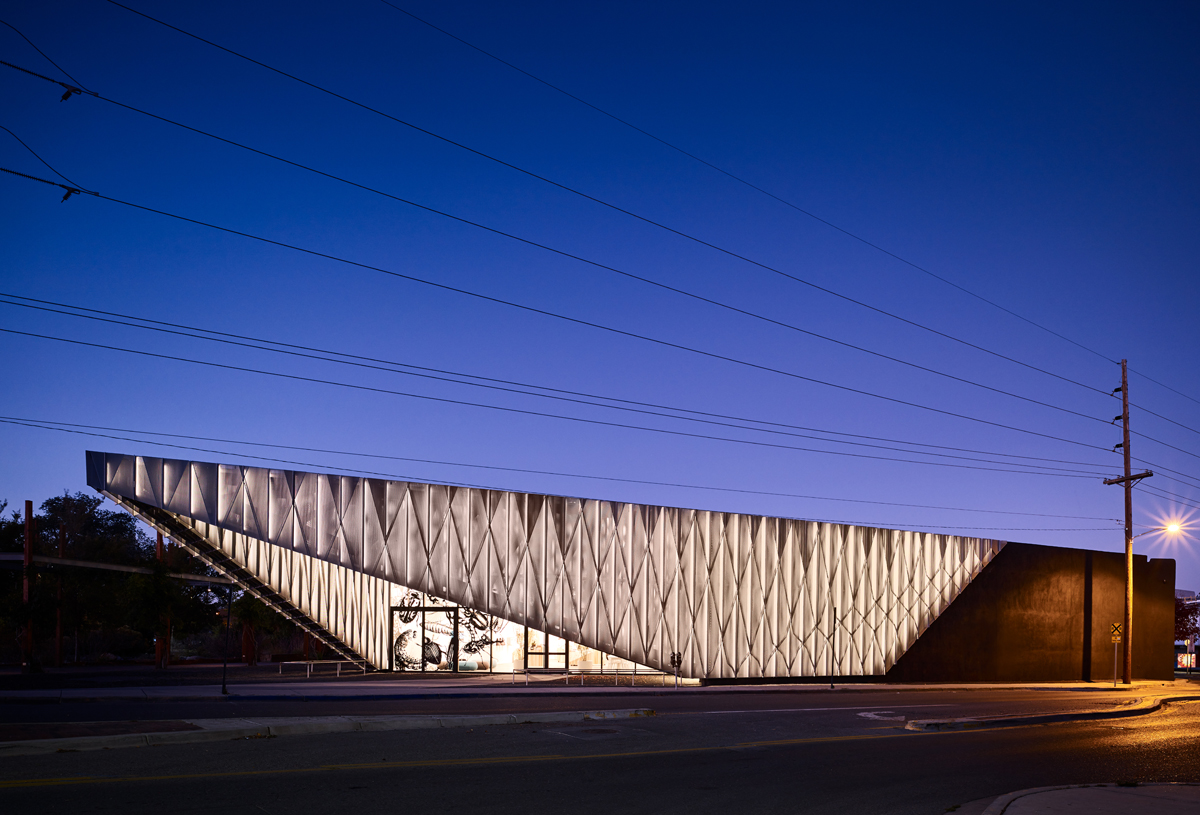 SITE Santa Fe, aglow at dusk.