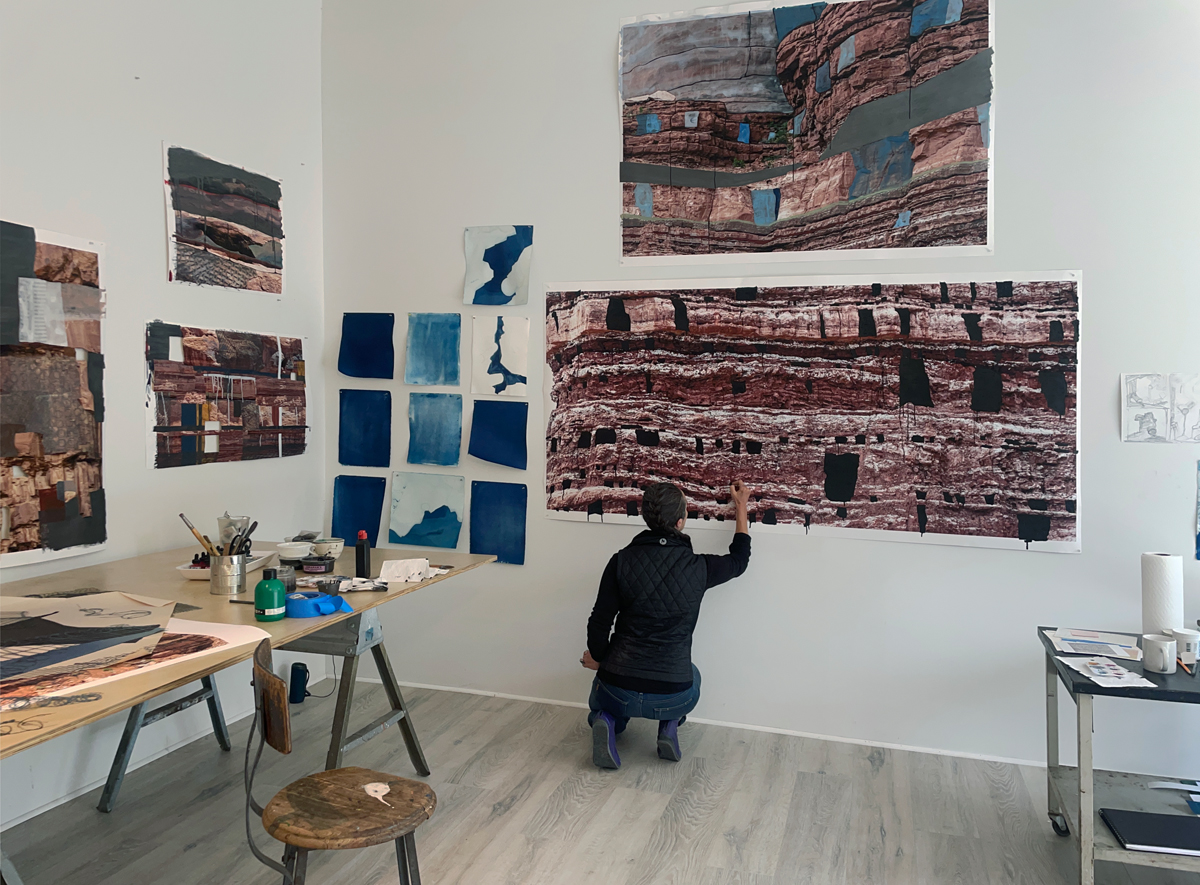 Artist Nicola López works on an artwork in her Santa Fe studio.