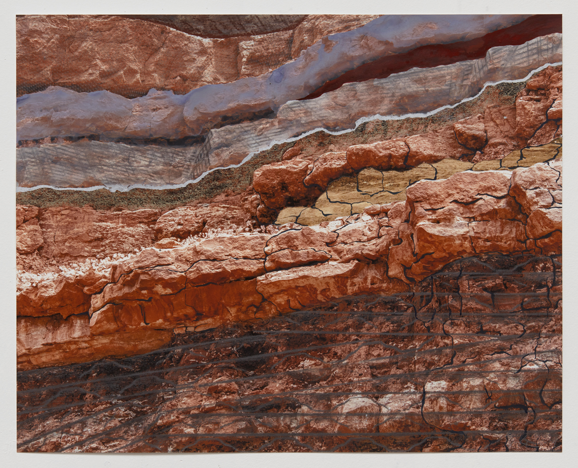 Mixed media artwork combining a canyon face with urban design vernacular by Santa Fe artist Nicola López.