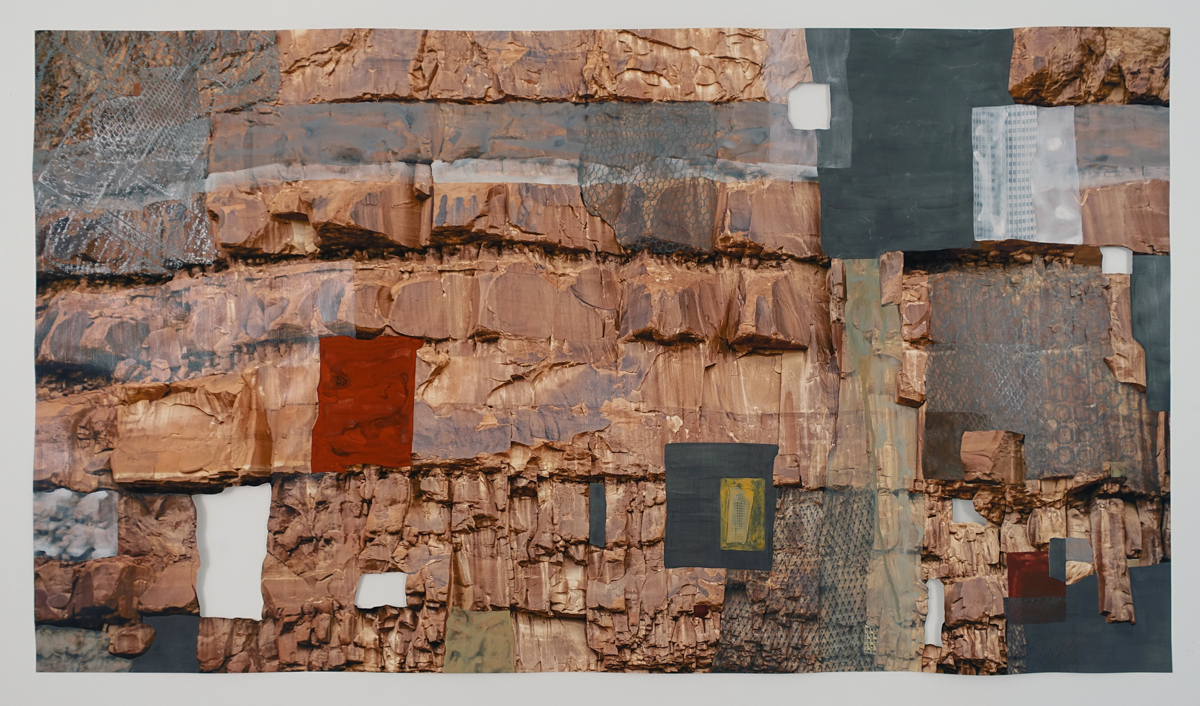 Mixed media artwork combining a canyon face with urban design vernacular by Santa Fe artist Nicola López.