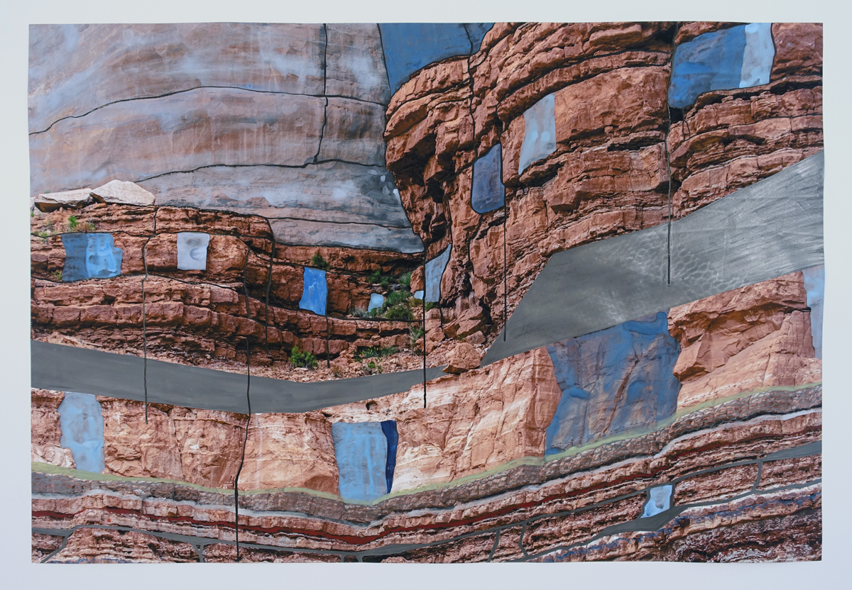Mixed media artwork combining a canyon face with urban design vernacular by a Santa Fe artist.