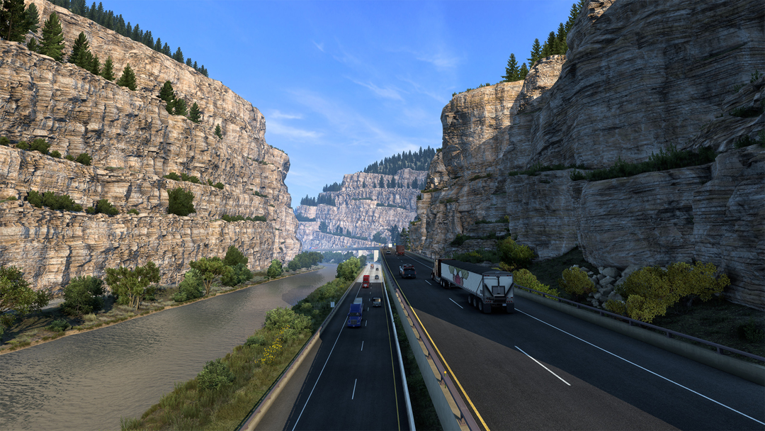 A truck glides through a Colorado canyon in American Truck Simulator. Southwest video games rival traditional landscape art in their depictions of the region.