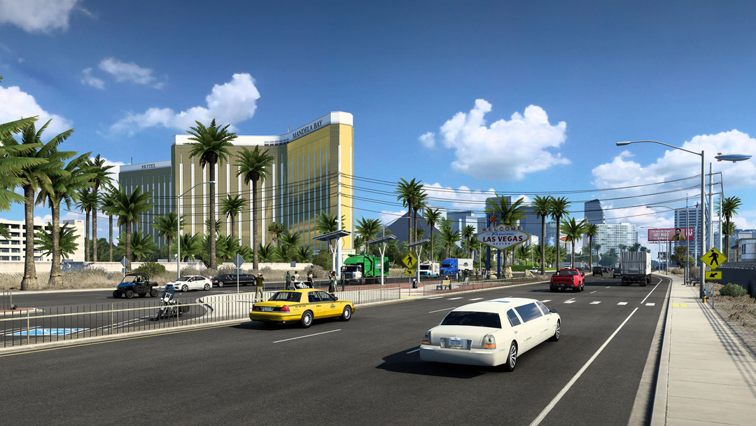 POV screenshot of Las Vegas Boulevard in American Truck Simulator. Southwest video games rival traditional landscape art in their depictions of the region.