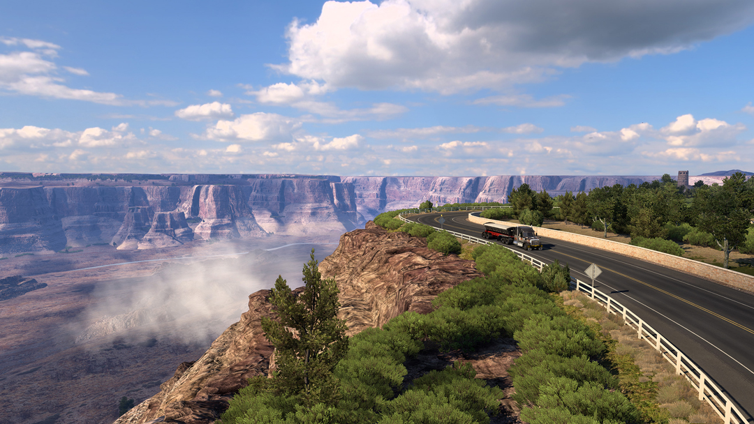 A truck traverses the edge of the Grand Canyon in American Truck Simulator. Southwest video games rival traditional landscape art in their depictions of the region.