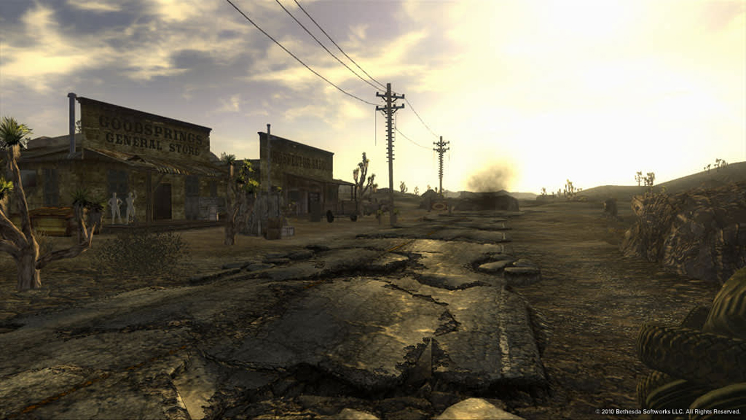 Goodsprings in Mojave Wasteland from Fallout New Vegas, a Southwest-inspired video game.