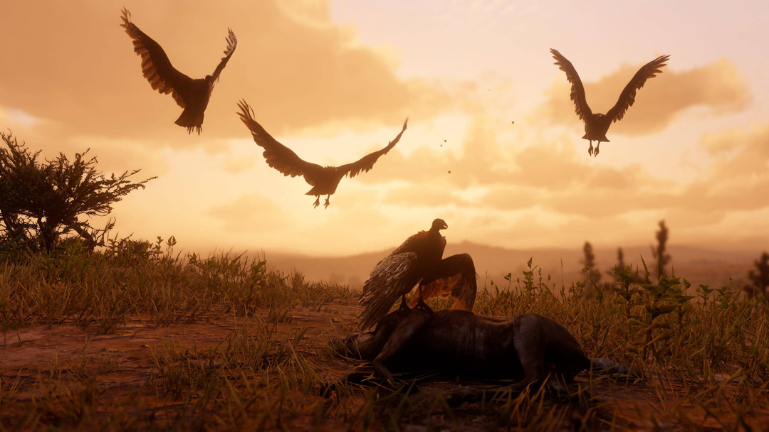 Buzzards circle an animal carcass in Red Dead Redemption 2, in a scene reminiscent of Southwestern landscape painting.