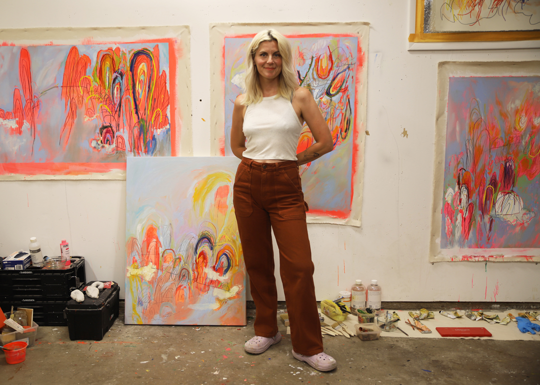 Portrait of Denver-based artist Kaitlyn Tucek. Southwest Contemporary's studio visit with the artist delves into her colorful mixed-media practice.