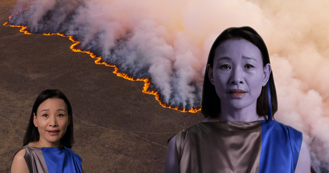 A digital persona foregrounds aerial imagery of a forest fire in a striking video by filmmaker and artist Lynn Hershman Leeson at Nevada Museum of Art.