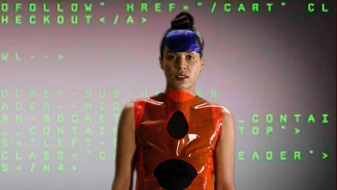 Actress Tessa Thompson foregrounds lines of digital code in a striking video by filmmaker and artist Lynn Hershman Leeson.