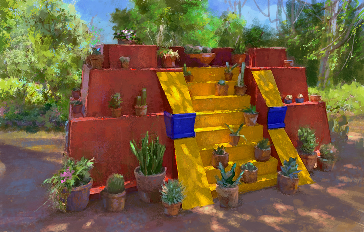 Rendering of Frida Kahlo's garden for a new installation at Tucson Botanical Gardens, showing "Frida's Pyramid."