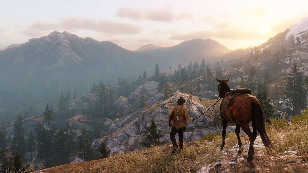A cowboy crosses the Grizzlies in the open-world expanse of Red Dead Redemption 2. Southwest video games rival traditional landscape art in their depictions of the region.
