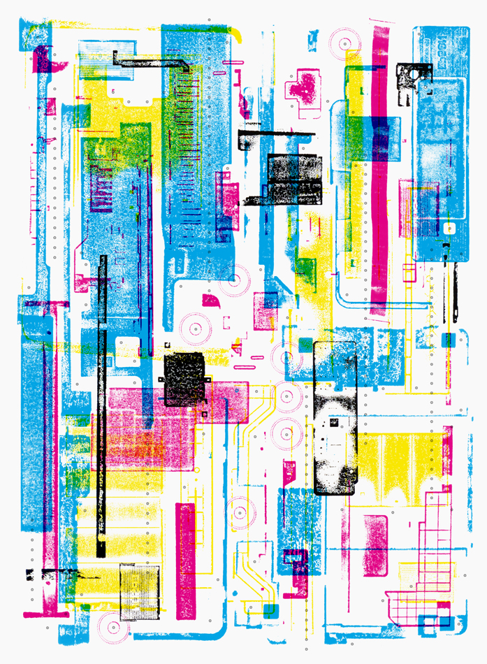 Semiabstract print made using the parts from a discarded printer by Karl Orozco.
