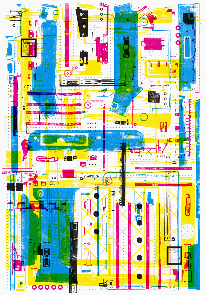 Semiabstract print made using the parts from a discarded printer by Karl Orozco.