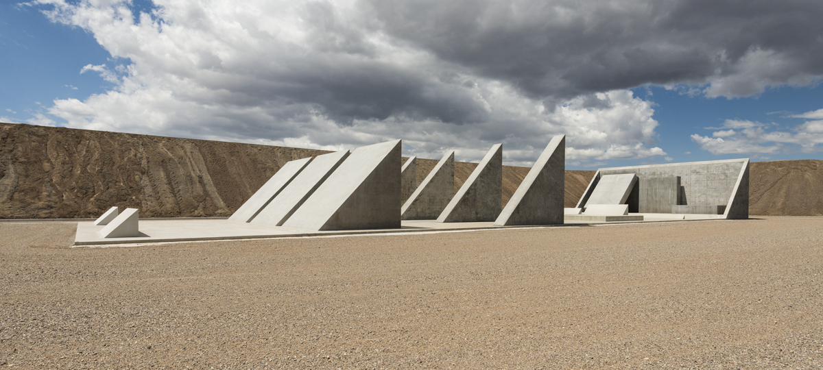 View of Michael Heizer's land art titled City in the Nevada desert.