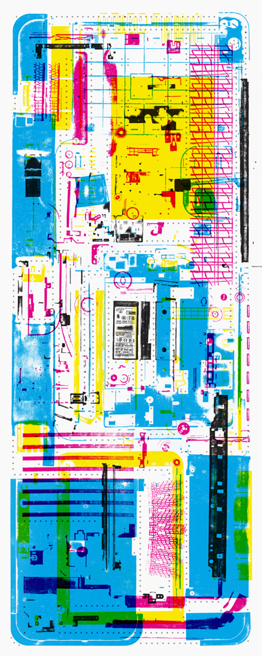 Semiabstract print made using the parts from a discarded printer by Karl Orozco.