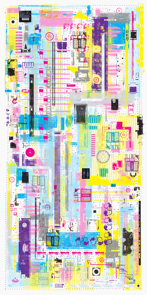 Semiabstract print made using the parts from a discarded printer by Karl Orozco.