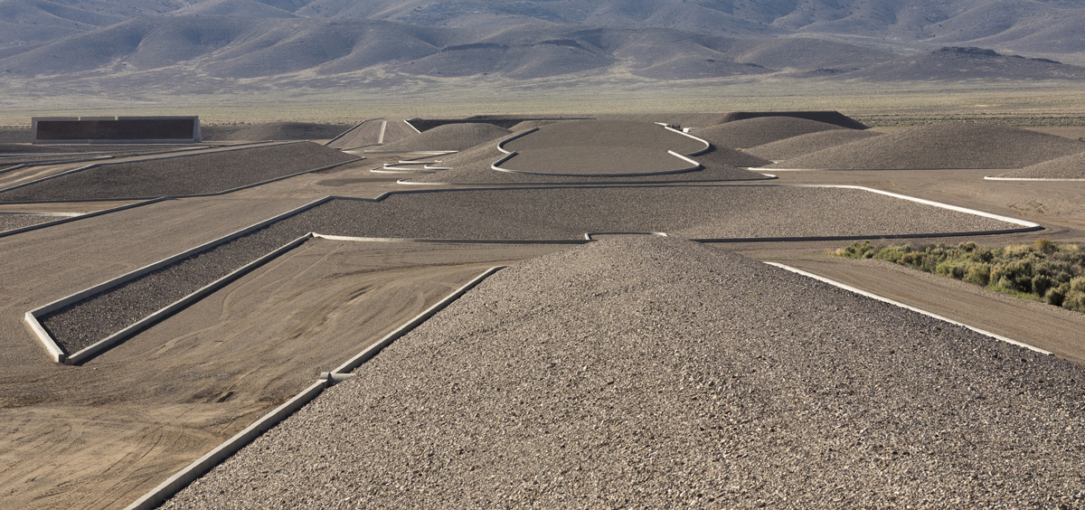 Photo of Michael Heizer's land art project, City, in the Nevada desert.