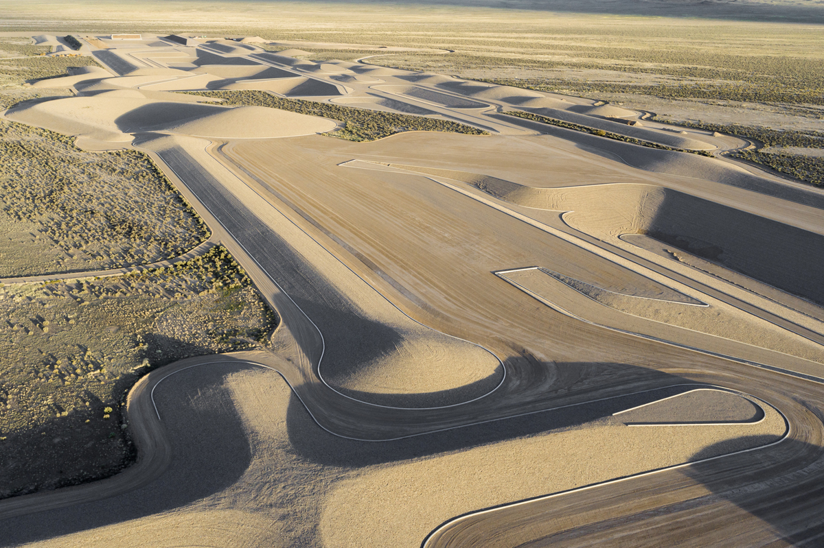 Aerial shot of Michael Heizer's land art titled City in the Nevada desert.
