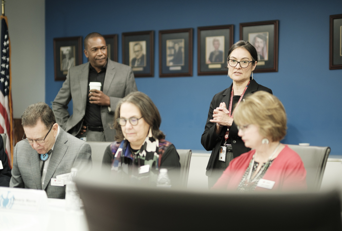 Robert Martin (Cherokee), PhD with IAIA's Board of Trustees in Washington D.C. meeting with Shelly Lowe (Navajo), former chair of the NEH, and president of IAIA as of August 1.
