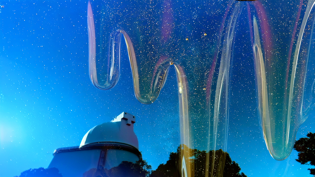Still from a digital video by artist Virginia L. Montgomery showing an observatory under the stars, with honey dripping over it.