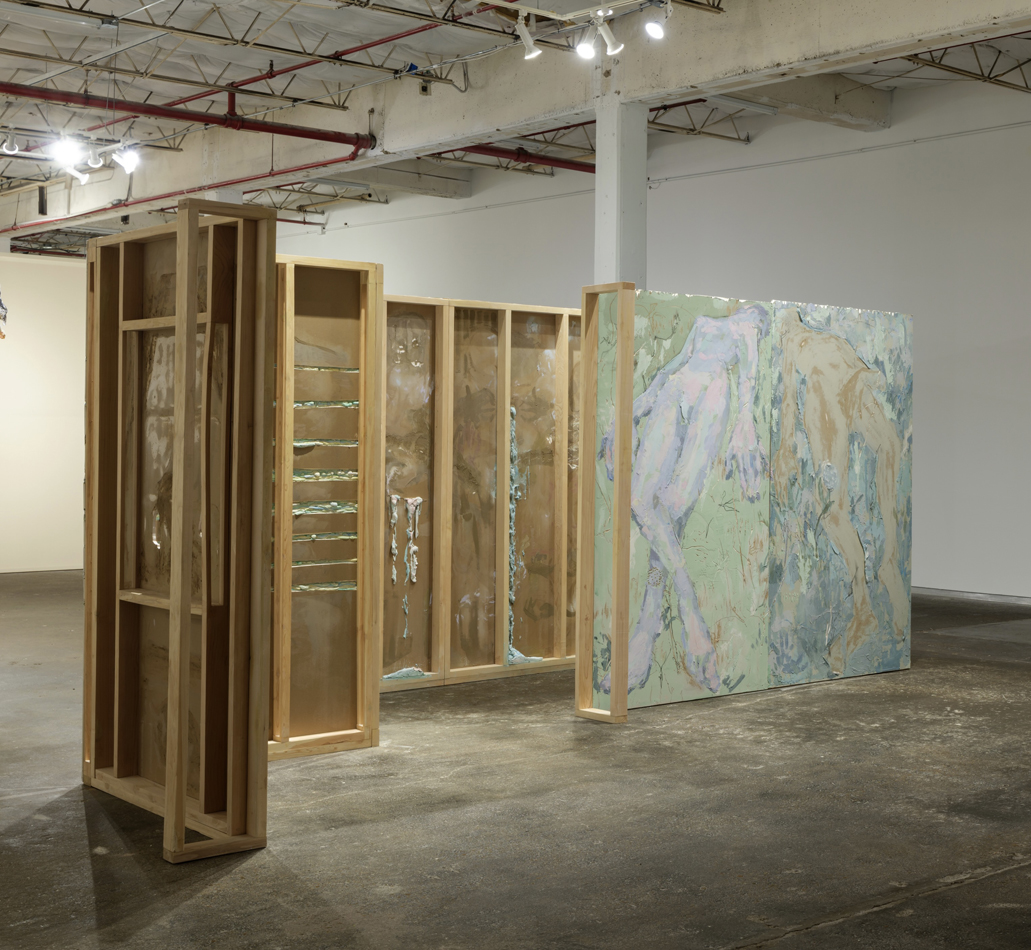 Installation view of an exhibition of large-scale paintings by Eli Ruhala.