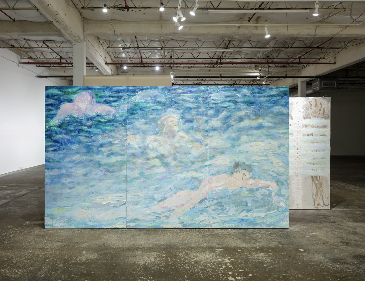 Installation view of an exhibition of large-scale paintings by Eli Ruhala.