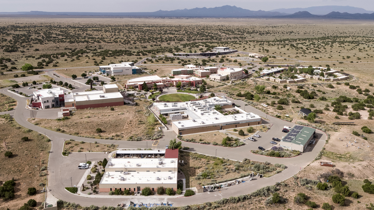 Drone photograph of IAIA's campus in Santa Fe.