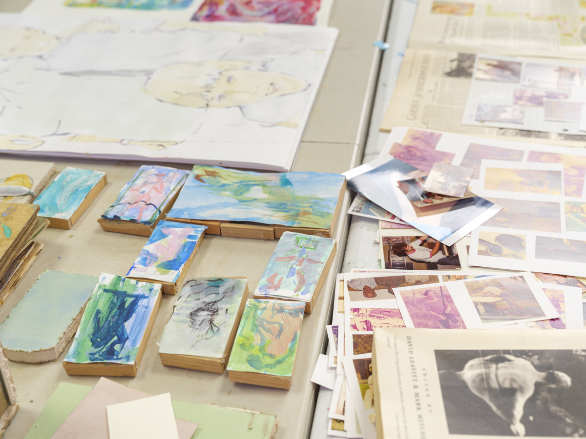 Paintings and art materials in the Dallas studio of artist Eli Ruhala.