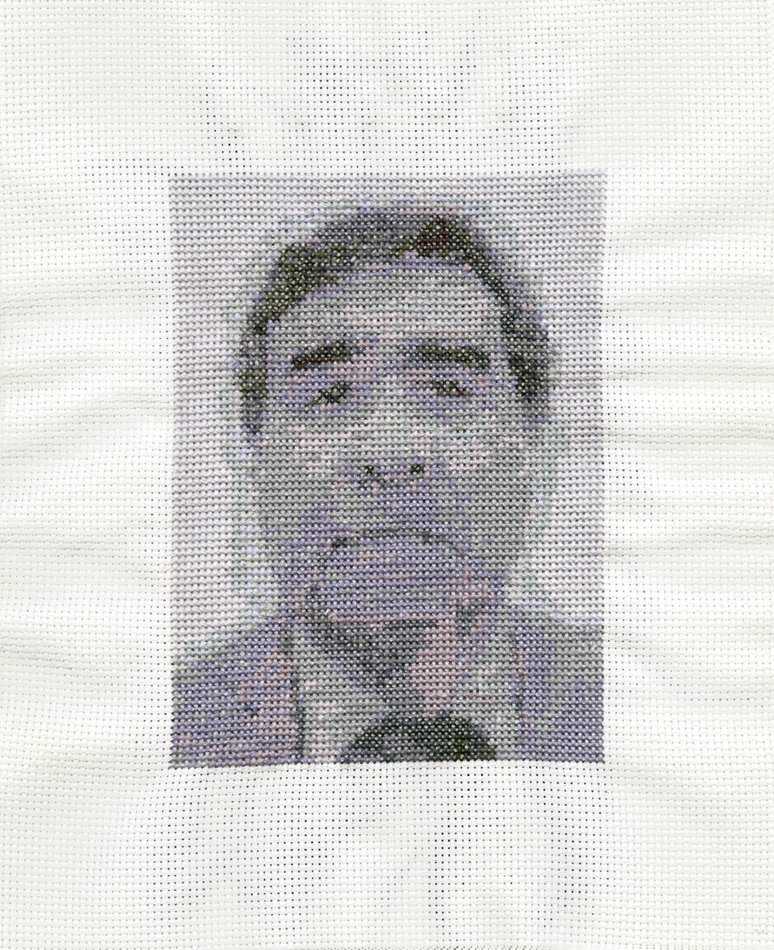 Black and white cross-stitch portrait of Utah-based artist Nancy Rivera's father.