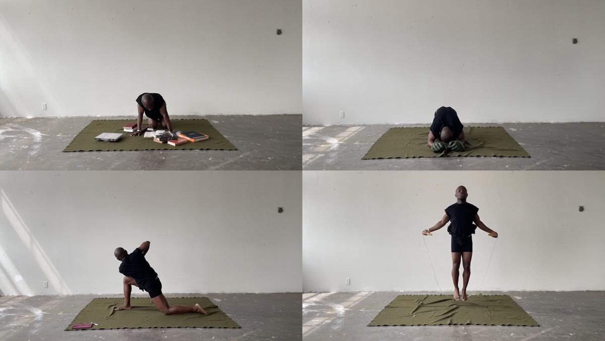 Four panels of video stills from Philip Gabriel Steverson's Thirst Trap performance.